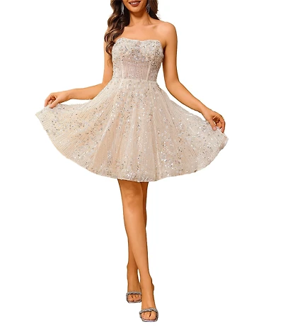 Terani Couture Tulle Sequin Bustier Strapless A-Line Mini Dress