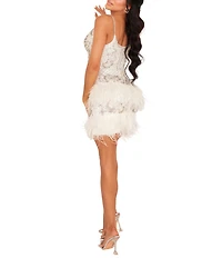 Terani Couture Tulle V-Sweetheart Neckline Sleeveless Tiered Feather Skirt Bodycon Mini Dress