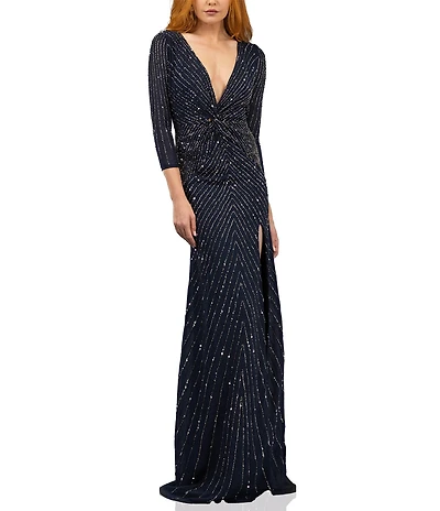 Terani Couture V Neck 3/4 Sleeve Sequin Chiffon Column Gown