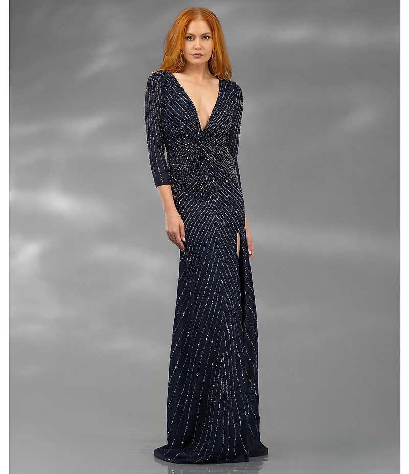 Terani Couture V Neck 3/4 Sleeve Sequin Chiffon Column Gown