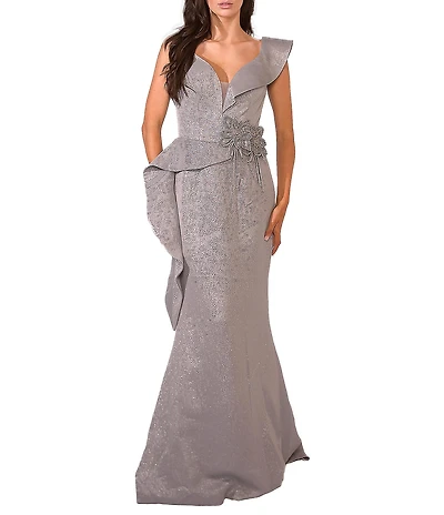 Terani Couture V-Neck Asymmetrical Sleeve Beaded Waist Side Peplum Gown