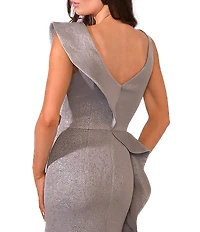 Terani Couture V-Neck Asymmetrical Sleeve Beaded Waist Side Peplum Gown