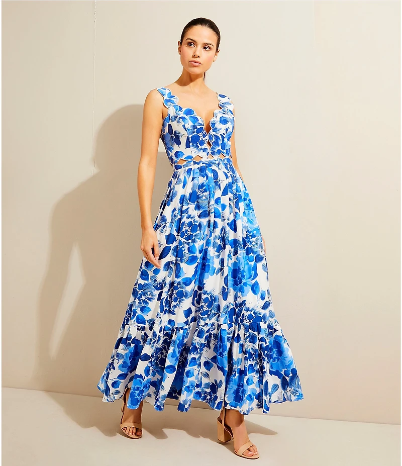 Terani Couture V-Neck Cutout Pleated Floral Print Maxi Dress