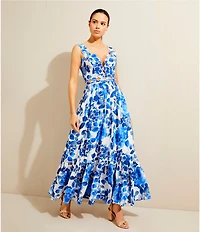 Terani Couture V-Neck Cutout Pleated Floral Print Maxi Dress