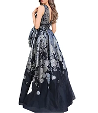 Terani Couture V Neck Floral Print Metallic Organza Gown