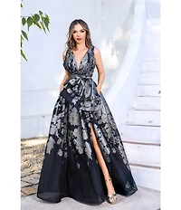 Terani Couture V Neck Floral Print Metallic Organza Gown