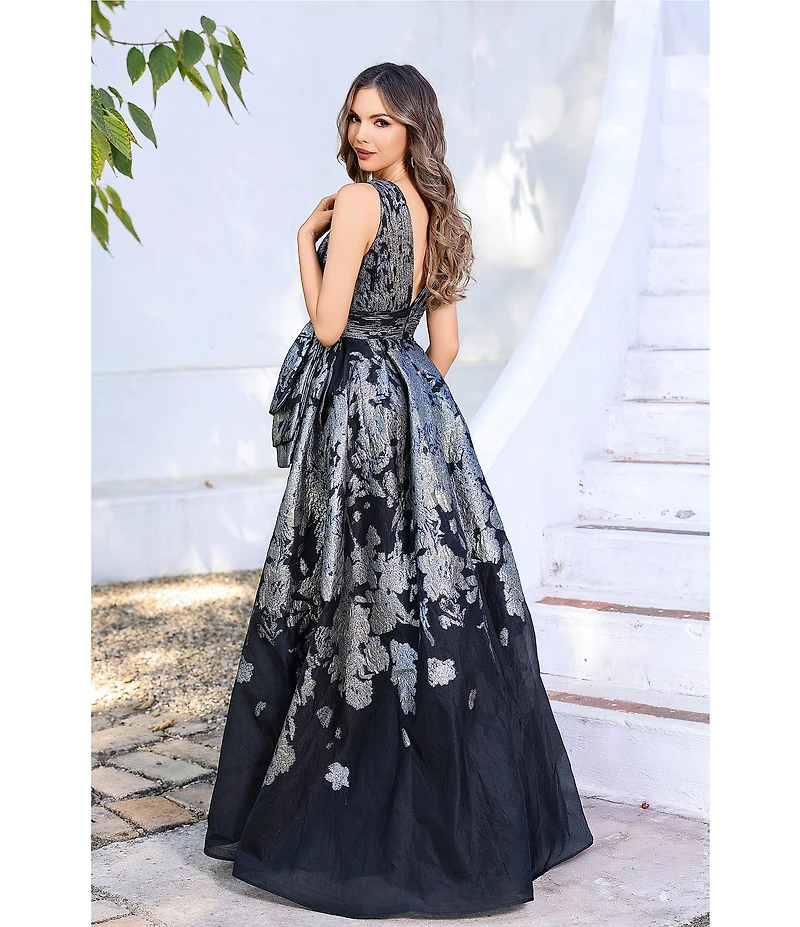 Terani Couture V Neck Floral Print Metallic Organza Gown