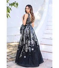 Terani Couture V Neck Floral Print Metallic Organza Gown