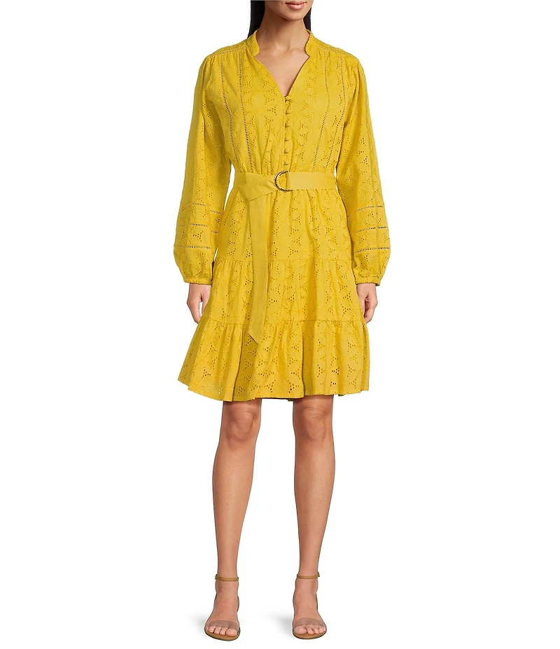 Terani Couture V-Neck Long Sleeve Button Front Eyelet Shift Dress