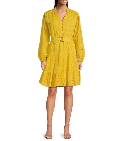 Terani Couture V-Neck Long Sleeve Button Front Eyelet Shift Dress