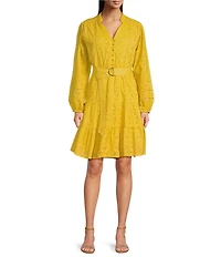 Terani Couture V-Neck Long Sleeve Button Front Eyelet Shift Dress