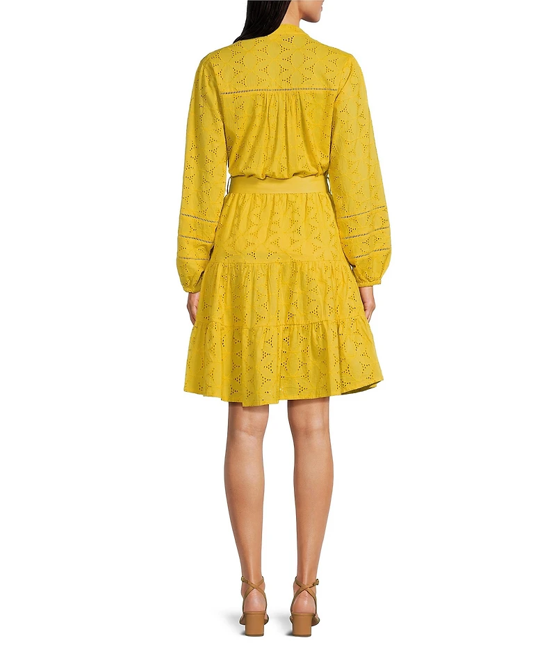 Terani Couture V-Neck Long Sleeve Button Front Eyelet Shift Dress