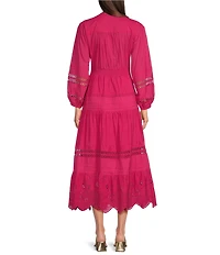 Terani Couture V-Neck Long Sleeve Button Front Eyelet Trim Midi Dress