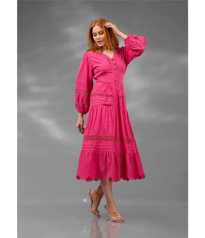 Terani Couture V-Neck Long Sleeve Button Front Eyelet Trim Midi Dress