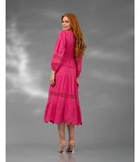 Terani Couture V-Neck Long Sleeve Button Front Eyelet Trim Midi Dress