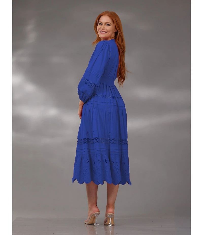 Terani Couture V-Neck Long Sleeve Button Front Eyelet Trim Midi Dress