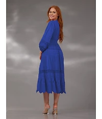 Terani Couture V-Neck Long Sleeve Button Front Eyelet Trim Midi Dress