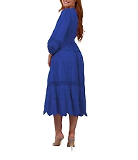 Terani Couture V-Neck Long Sleeve Button Front Eyelet Trim Midi Dress