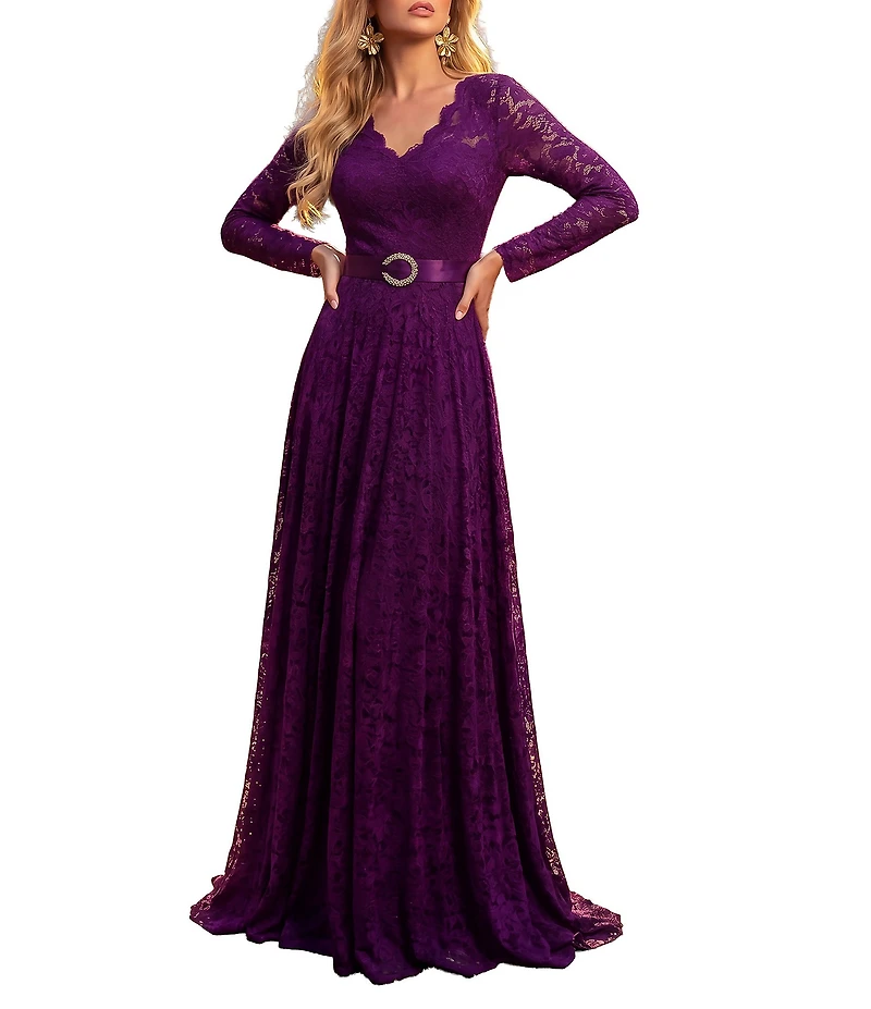 Terani Couture V-Neck Long Sleeve Lace Gown