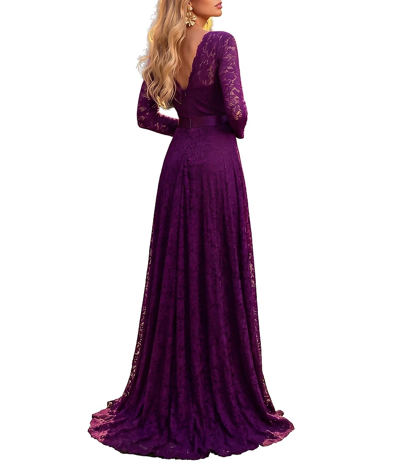 Terani Couture V-Neck Long Sleeve Lace Gown