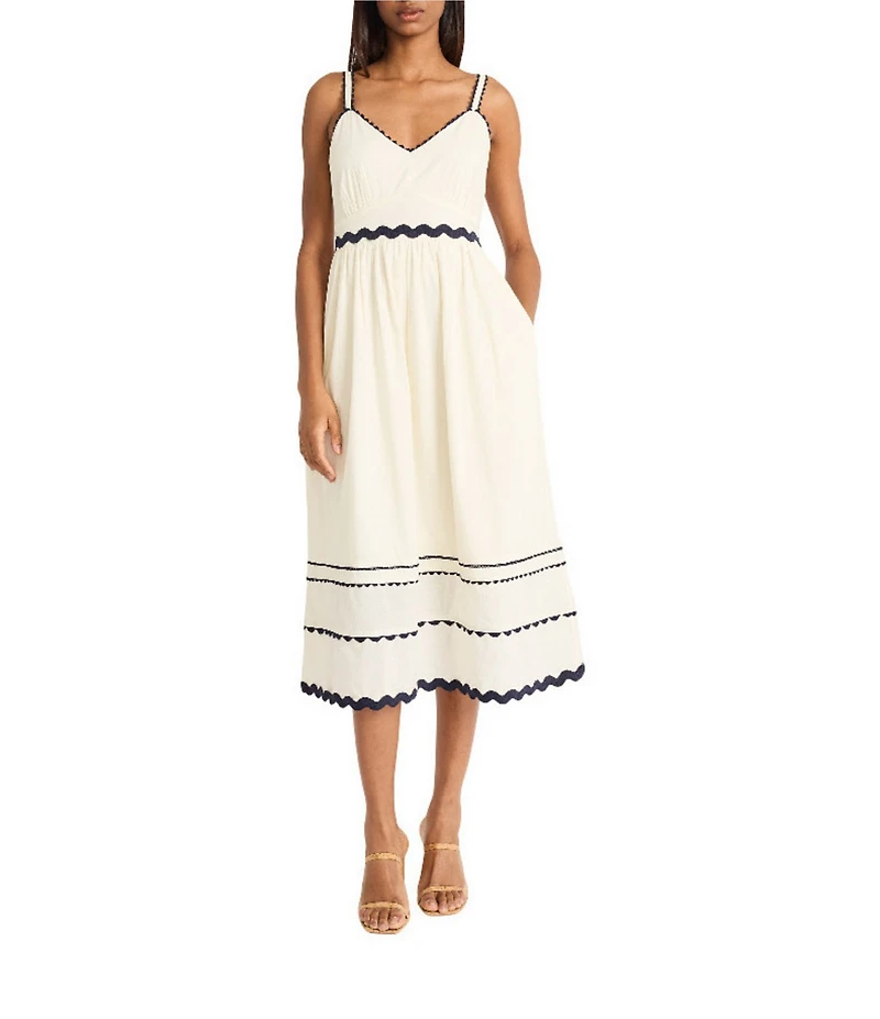 The Good Journey Cotton Voile V-Neck Contrast Trim A-Line Midi Dress