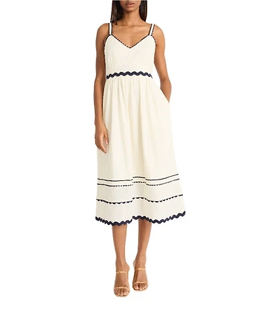 The Good Journey Cotton Voile V-Neck Contrast Trim A-Line Midi Dress