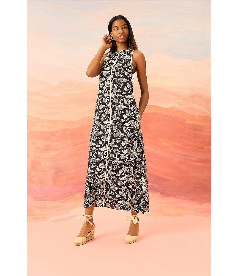 The Good Journey Crew Neck Keyhole Back Printed Rayon Blend Maxi Dress