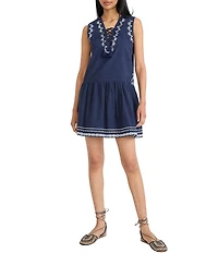 The Good Journey Embroidered Sleeveless V Lace-Up Neck Flare Skirt Mini Dress