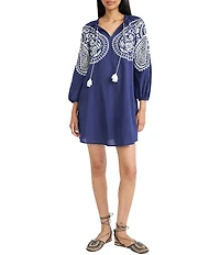 The Good Journey Embroidered Split Tassel V-Neck Long Sleeve Shift Mini Dress