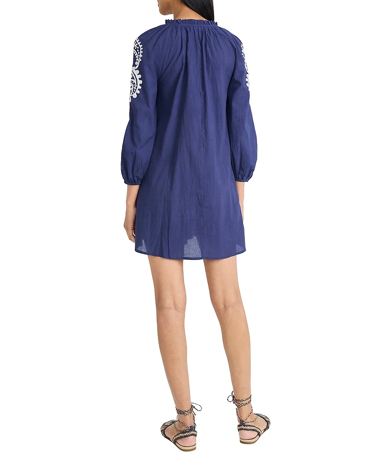 The Good Journey Embroidered Split Tassel V-Neck Long Sleeve Shift Mini Dress
