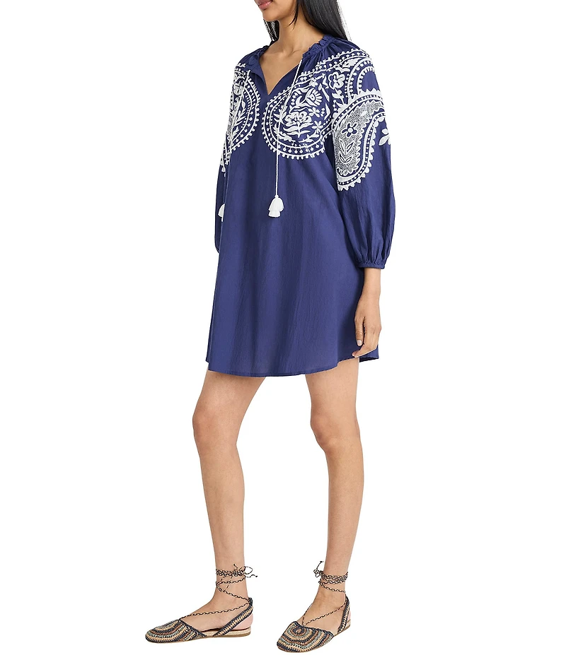 The Good Journey Embroidered Split Tassel V-Neck Long Sleeve Shift Mini Dress