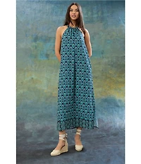 The Good Journey Halter Tie Neck Printed Crepe De Chine Maxi Dress