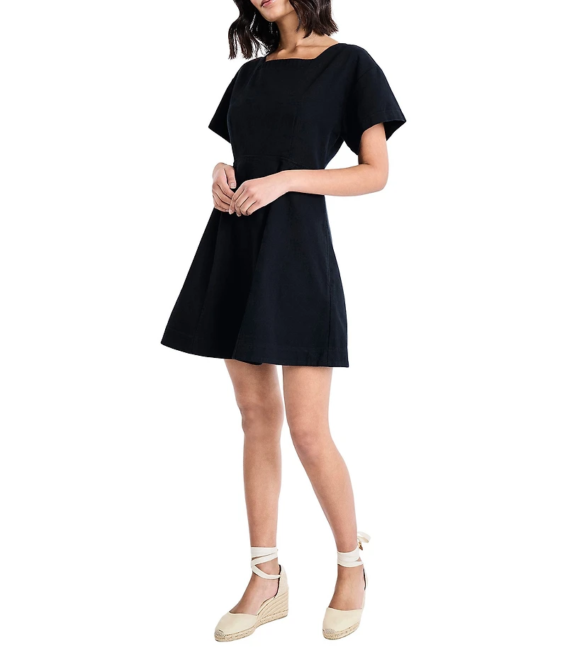The Good Journey Harper Twill Square Neck Short Sleeve A-Line Mini Dress