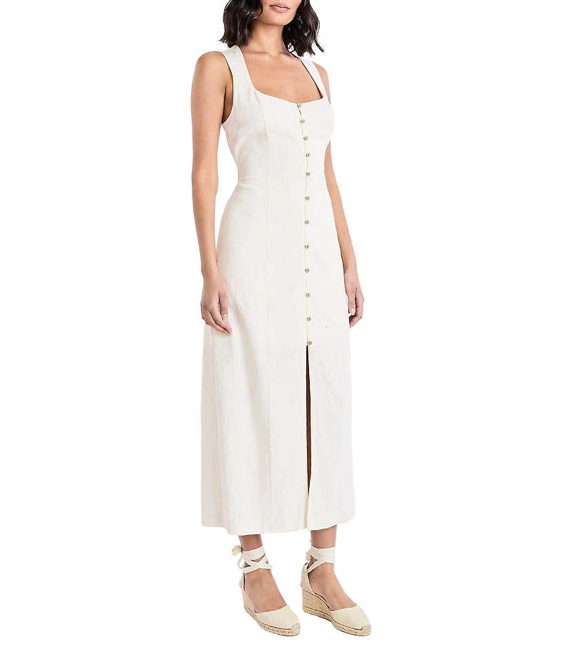 The Good Journey Linen Sheath Button Midi Dress