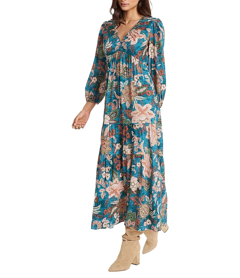 The Good Journey Long Sleeve V Neck Flowy Maxi Dress