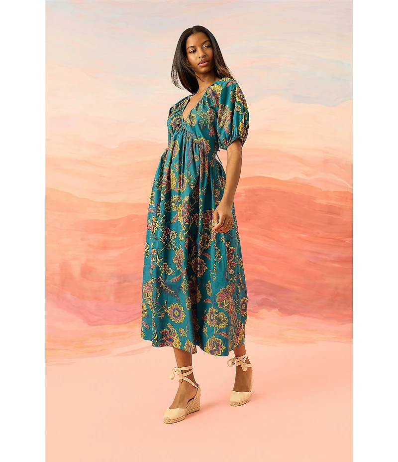 The Good Journey Double V Back Puff Sleeve Floral Print Cotton Poplin A-Line Midi Dress