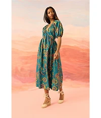 The Good Journey Double V Back Puff Sleeve Floral Print Cotton Poplin A-Line Midi Dress