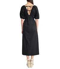 The Good Journey Double V Neck Puff Sleeve Tie Back Aline Cotton Poplin Midi Dress