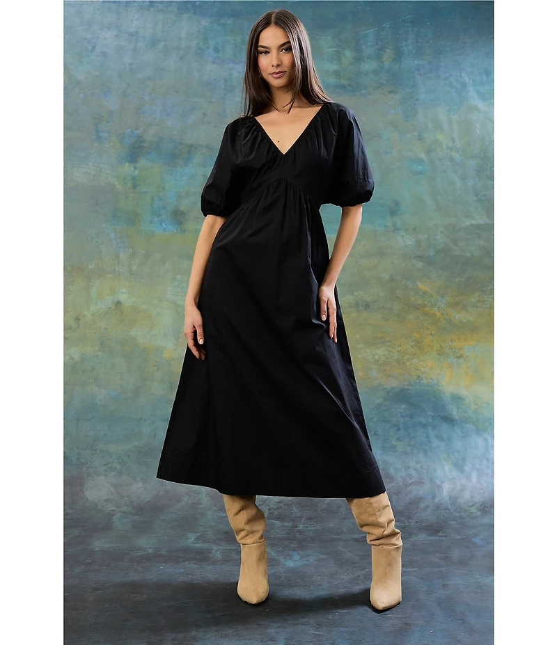 The Good Journey Double V Neck Puff Sleeve Tie Back Aline Cotton Poplin Midi Dress
