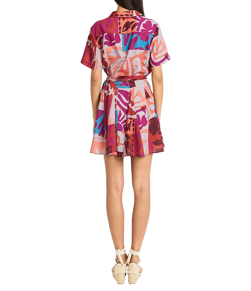 The Good Journey Point Collar Short Sleeve Abstract Tropical Print Challis Shirt Dress