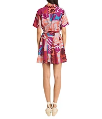 The Good Journey Point Collar Short Sleeve Abstract Tropical Print Challis Shirt Dress