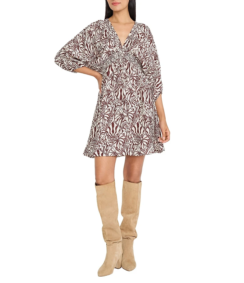 The Good Journey Printed 3/4 Puff Sleeve V Neck Dress