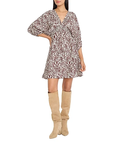 The Good Journey Printed 3/4 Puff Sleeve V Neck Dress