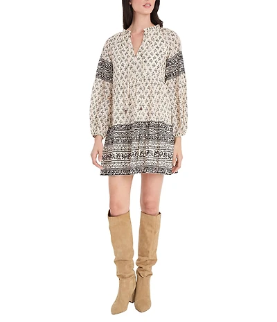 The Good Journey Printed Long Sleeve Tassel V-Neck Mini Shirt Dress