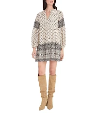 The Good Journey Printed Long Sleeve Tassel V-Neck Mini Shirt Dress