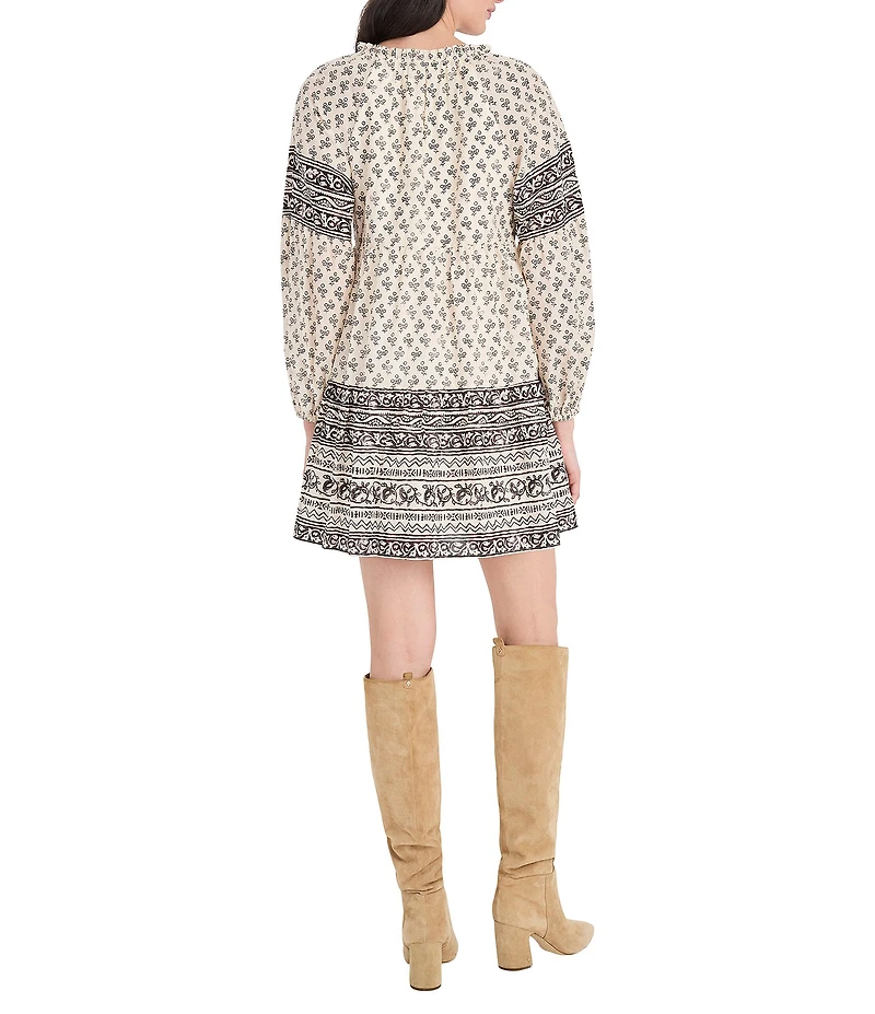 The Good Journey Printed Long Sleeve Tassel V-Neck Mini Shirt Dress