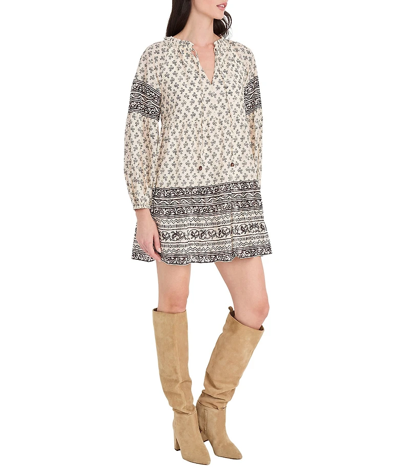 The Good Journey Printed Long Sleeve Tassel V-Neck Mini Shirt Dress
