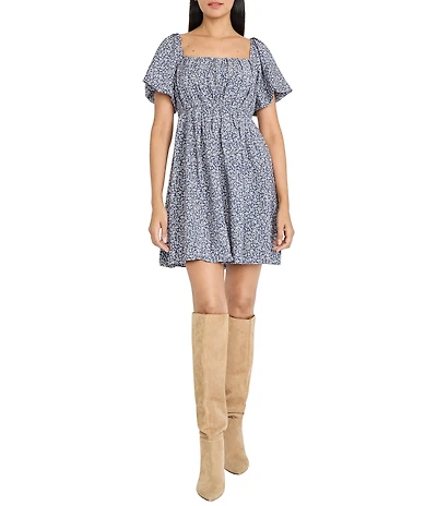 The Good Journey Printed Puff Sleeve Square Neck Mini Dress