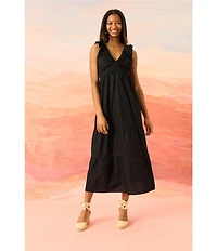The Good Journey Ruffle V-Neck Smocked Back Tiered Cotton Poplin Midi Dress