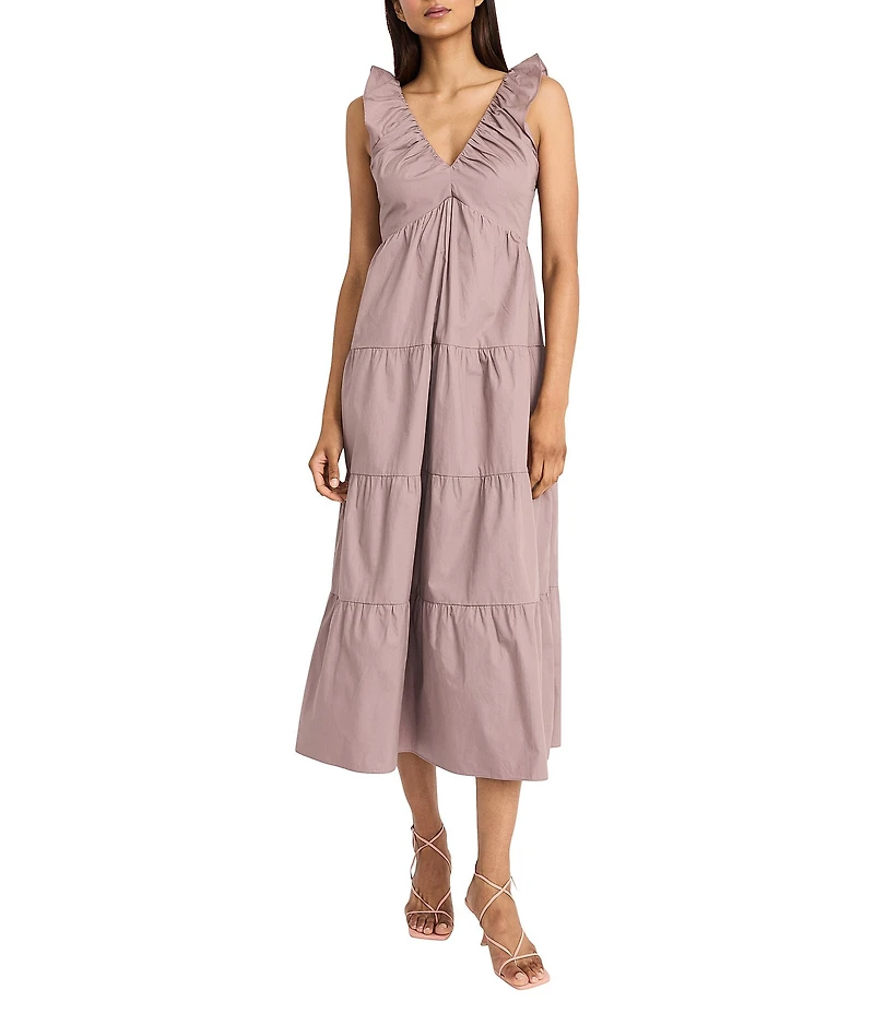 The Good Journey Ruffle V-Neck Smocked Back Tiered Cotton Poplin Midi Dress